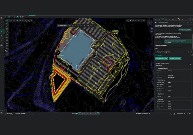 OpenSite+ for civil site design, the first in a series of new AI-powered applications, and building pad design in a 3D civil engineering model.